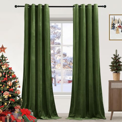 PONY DANCE Olive Green Velvet Curtains - 1 Pair of Thermal Blackout Curtains Elegant Home Decor Window Treatment for Nursery Room/Girls Bedroom, Eyelet Blackout Curtains 52x90