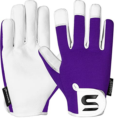SAWANS Gants de jardinage en cuir pour femmes et hommes Gants de jardin résistants aux épines pour femmes et hommes Cadeaux de jardinage idéaux Gants de travail durables en peau de chèvre (Violet, M)