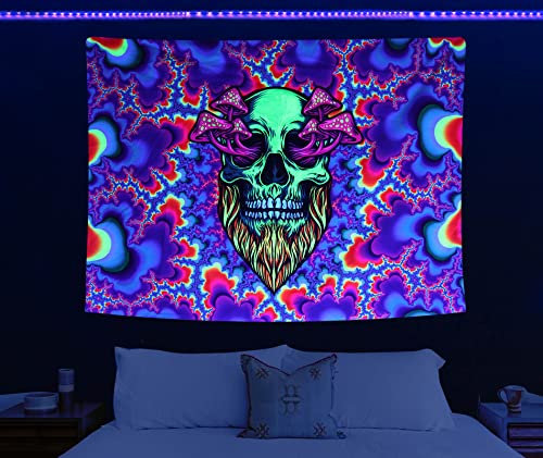 HOLAVIDA Psychedelischer Schädel Wandteppich Fluoreszierendes Skelett Neon Buntes Halloween Wandbehang Horror Elemente Innenraum Liebhaber Schlafsaal Wanddekoration (150cm×130cm)