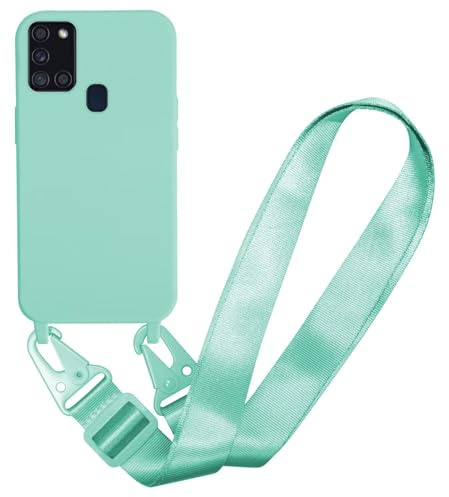 MBSLFY Handyhülle kompatibel mit Samsung Galaxy A21S Hülle mit Band, Silikon Necklace Handyhülle mit Abnehmbar Kordel Umhängen Stossfest Handy Schutzhülle für Samsung Galaxy A21S, Minz grün