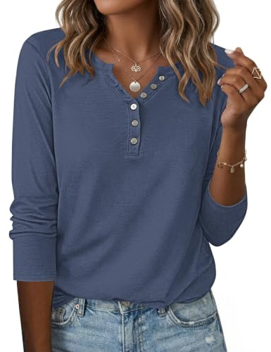 WNEEDU Women's Long Sleeve Tops Tunic V Neck Henley Shirts Loose Blouse | Ladies Button Up T-shirt,Basic Casual Shirts,Elegant Tees,Loose Fit,Lightweight Pullover