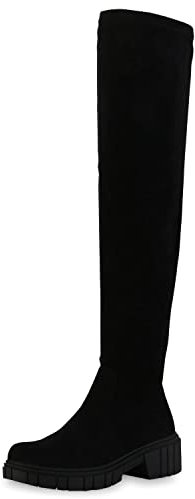 VAN HILL Damen Leicht Gefütterte Overknees Stiefel Blockabsatz Schuhe Profilsohle Langschaftstiefel Plateau Vorne Freizeit Boots 208739 Schwarz 38