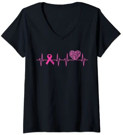 Femme Octobre rose cancer du sein battement de coeur ruban femme T-Shirt avec Col en V