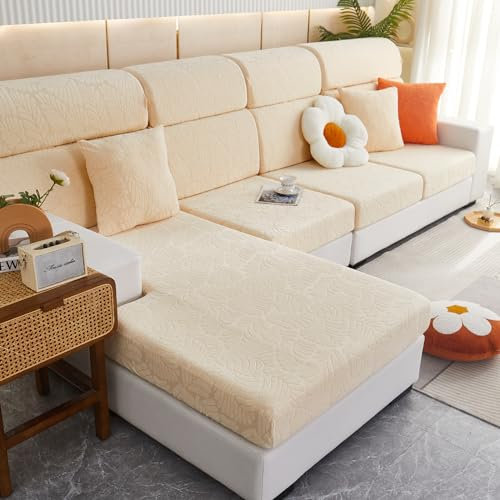 SHANNA Sofa Überzug Stretch, Couch Sofabezug 1 2 3 Sitzer L Form Ecksofa, Sofa Cover Sitzkissenbezug Sofaüberwürfe rutschfest Möbelschutz mit Elastischem Boden,(Blätter Helles Apricot, Recamiere)