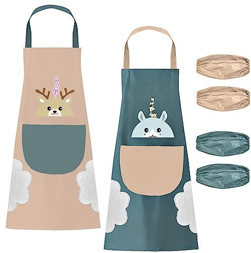 QINERSAW Juego de 2 Delantales para Mujer Lindo Delantal Impermeable con Bolsillo Grande Delantal de Cocina con 2 Pares de Mangas para Cocina Restaurante Bar Riego, Jardinería