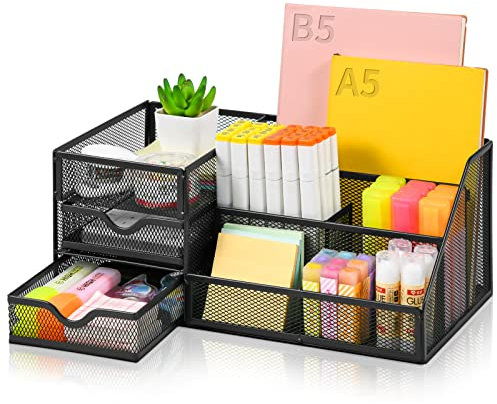 Marbrasse Mesh-Schreibtisch-Organizer mit Schubladen,Multifunktionaler Schreibtisch-Organizer und Zubehör mit 6 Fächern + 2 Schubladen,Büro Desktop Organisation(Schwarz)
