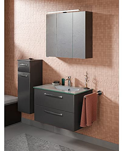 Lomadox Badmöbel Badezimmer Set mit Waschtisch Glaswaschbecken Unterschrank Spiegelschrank Aufbauleuchte in anthrazit Glanz, B/H/T: ca. 122/200/50 cm
