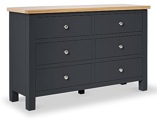 RoselandFurniture Farro Charcoal Grey Large Chest of Drawers Bedroom | Fully Assembled, 6 Drawer Wooden Storage with Oak Top, Painted Finish, H78cm W120cm D36cm