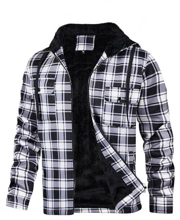LBL Men's Hoodies Fleece Hooded Jacket Full Zip Plaid Shirt Sweatshirts Winter Thick Coats with Pockets BS008 Black XL