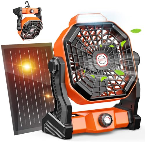 Drchop Ventilador solar de camping de 20000 mAh, ventiladores solares de 10 W con panel solar, ventilador recargable y linterna LED, ventiladores de tienda de campaña al aire libre a pilas para