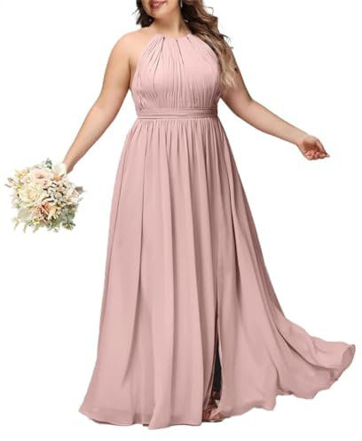 Robe de demoiselle d'honneur longue en mousseline de soie fendue à dos nu - Robe de soirée formelle, vieux rose, 34