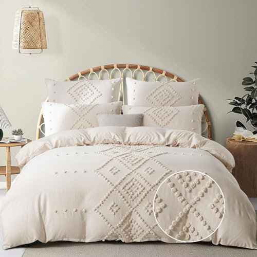 Freyamy Böhmen Bettwäsche 200x240cm 3teilig Beige Getuftet Kariert Boho Bettwäsche Stickerei Shabby Chic Bettwaren-Sets 100% Microfaser Uni Bettbezug mit Reißverschluss und 2 Kissenbezug 80x80cm