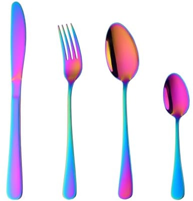 Buyer Star 16 teiliges Besteck Set, wiederverwendbares Silberbesteck aus rostfreiem Stahl, 4er Set, für den Küchentisch im Esszimmer Regenbogen Farbe