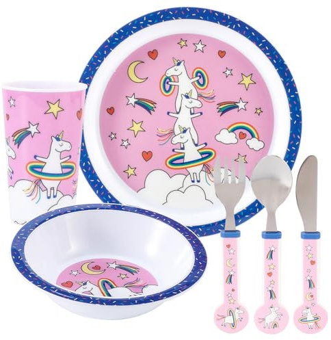 Unicorn Kids 6 Piece Reusable Dinner Set - Plate/Bowl/Cup/Knife/Fork/Spoon - Childrens Dinnerware Tableware Cutlery Set