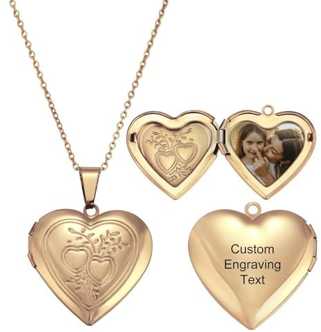 MeMeDIY Personalisiert Medaillon Kette mit Bild Damen Herz Medaillon Zum Öffnen Kette Halskette Gold/Silber/Rosegold Gravierte Gedenk Anhänger Halskette Schmuck Geschenke für Frauen -C3