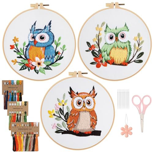 ASTNIC Stickset für Anfänger, 3 Sets Eulenstickerei Starter Kits mit Mustern und Anleitungen Kreuzstich-Kits, Erwachsene Stickerei Set mit 1 Stickrahmen, Farbfäden und Werkzeuge für DIY Kunst