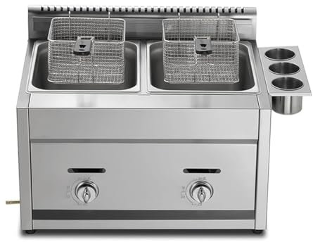 KK-GGL Freidora Con 2 Cestas Para Freír, Tanque De Freidora Doble Comercial, Freidora De Gas De Doble Cilindro De Aceite, Olla De Freidora Comercial De Acero Inoxidable, Para Pollo Frito,Gas