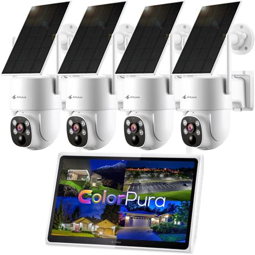 Kittyhok Sistema de Cámara Vigilancia Solar para Exteriores Inalámbrico | 4 Cámaras de Seguridad PTZ Solares 2K, Visión Nocturna a Color Profesional, Detección Humana, Visualización 360 Grados |