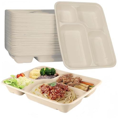 FISDEN 50 Pack Compartment Paper Plates, Natural Sugarcane School Lunch Tray, Heavy Duty 4 Divided Sectional Plate, Microwave Freezer Safe for Party School