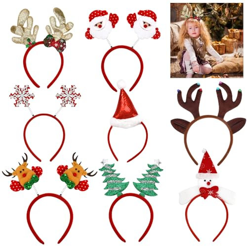 NAROSEBE 8 Pcs Serre Tête de Noël Mignon, Bandeau Cheveux, Serre Tête Adulte, Bandeau Décoratif Avec Autocollant de Tatouage Phosphorescent, pour Vacances Fête Cosplay Nouvel An