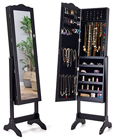 GOPLUS Armoire à Bijoux, Armoire a Bijoux avec Miroir sur Pied, Organisateur de Bijoux avec 4 Angle d'Inclinaison, Grand Armoire de Rangement Verrouillable pour Femmes, Filles (Noir)
