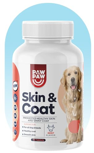 Paw2Paw Skin & Coat Shiny Hair Nahrungsergänzungsmittel für Hunde, 90 Tabletten, Vitamin E, Vitamin B, Rote Bete, GVO-frei, hormonfrei, EU-Herstellung