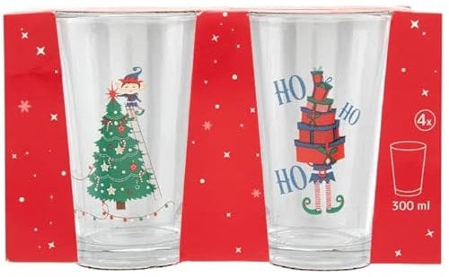 Christmas Glass Tumbler Set of 4 - Festive Holiday Drinkware with Xmas Tree & Seasonal Designs - 300ml Drinking Glasses for Women, Men & Kids - Christmas Parties, Celebrations & Gifts