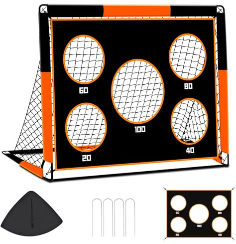 EXTFANS 2-in-1 Fußballtor für Kinder | Faltbares Soccer Tor mit 5 Zielscheiben & Tragetasche | Robuster Outdoor Fussballtore mit 4 Heringen für Garten, Strand, Park (Orange-150 * 120 * 120cm)