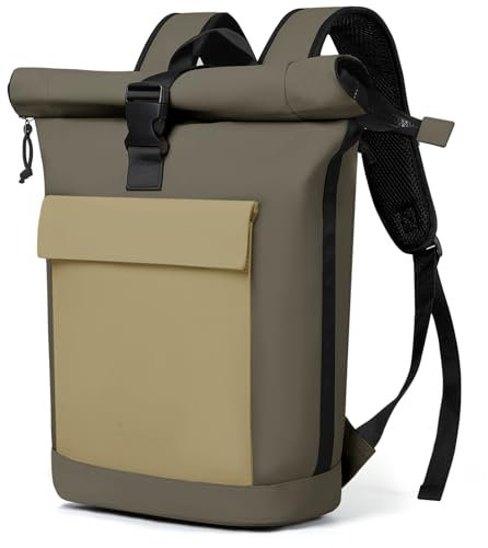 Lekeinchi Rolltop Rucksack Damen & Herren, Elegant Laptop Rucksack Wasserdicht mit 17 Zoll Laptopfach, Großer Reiserucksack Tagesrucksack Schulrucksack für Reisen, Uni Schule, Arbeit - Armeegrün