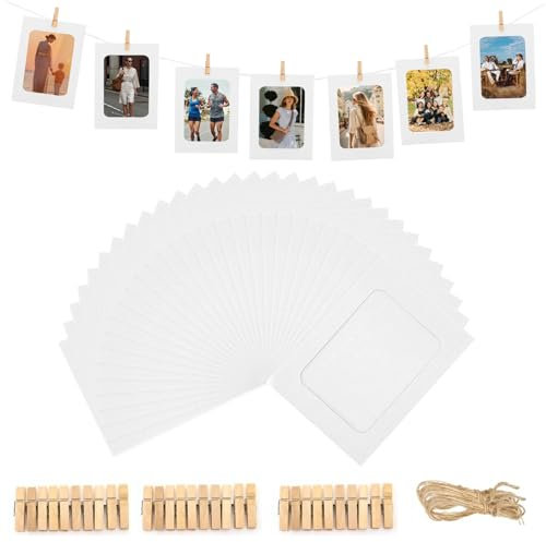 ROEOWENE 30pcs Fotorahmen Papier Weiß Bilderrahmen Pappe zum Aufhängen DIY Kreative Kraftpapier Bilderrahmen Hängende Wanddekoration Karton Bilderrahmen mit 30 Klammern 3 Schnur für 15x10cm Foto