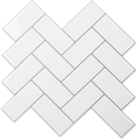 Art3d Selbstklebende Wandfliesen 3D Fliesenaufkleber Fliesenfolie Fischgrät Fliesen Aufkleber Küche Bad Ziegel Wandaufkleber Wasserdichte Weiß mit Grauer Fuge Upgrade Dickere