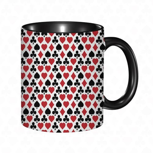 reyawdf Original Tasse mit lustigem Design, Casino Card Suits Muster mit Clubs Diamond Shapes Hearts Pik Poker Ga,330ml, für Kaffee- und Teeliebhaber, als Geschenk für Weihnachten, Geburtstag und mehr