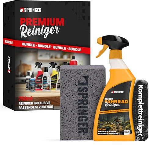 SPRINGER RX3000 Fahrradreiniger 750 ml + Schwamm, säurefrei | Made in Germany | säurefreies Reinigungsmittel | Komplett-Spray mit Gel-Formel | Fahrradpflege für alle Räder