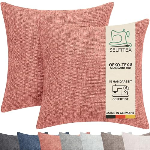 Selfitex 2er Set Sofakissen 40x40 cm, inkl. Füllkissen, gewebter Canvas Stoff, Matte & strukturierte Oberfläche, weiche Füllung aus PUR-Sticks, in Handarbeit hergestellt – Made in Germany (Rosa)