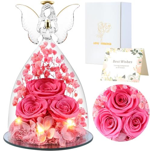 FRFG Regali di Angelo Rosa Eterna per Donne, Regalo per Donne, Rose Conservate in Statuette di Angeli in Vetro, Angeli Floreali per Mamma, Nonna, Moglie, Sorella, Fidanzata (Rosa)