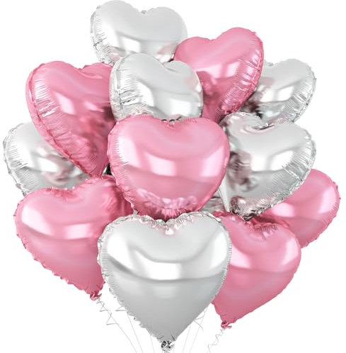 Palloncini a elio rosa argento a forma di cuore, 12 pezzi, 45,7 cm, rosa argento, per baby shower, compleanni, anniversari, matrimoni, fidanzamenti, feste di fidanzamento