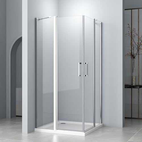 Duschkabine 90x100 cm Eckeinstieg Duschabtrennung Duschwand Glas Eck Dusche mit Festglas Drehtür Eckdusche rahmenlos, 6mm Nano Beschichtung ESG Sicherheitsglas, Höhe 185cm