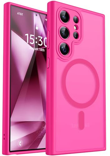 CANSHN Coque Magnétique pour Samsung Galaxy S24 Ultra(6,8 Pouces), [Protection Complète de l'appareil Photo] Housse Fond Mat Translucide,Rose Vif