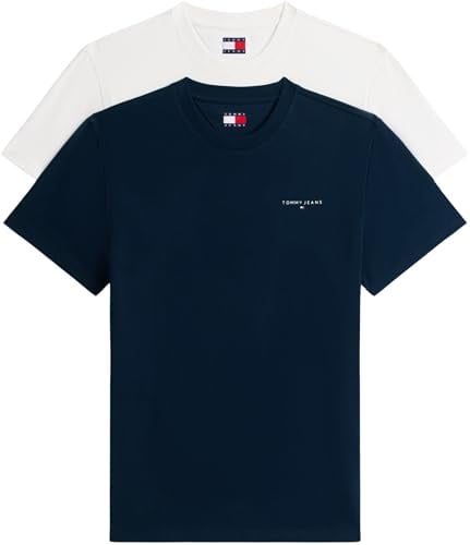 Tommy Jeans Herren 2er Pack T-Shirts Kurzarm Slim Linear mit Rundhalsausschnitt, Mehrfarbig (Ecru/Dark Night Navy), L