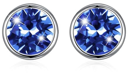 Hasnsofie Damen 925 Silber Ohrstecker, Unisex Ohrstecker für Damen Herren mit Saphir Kristall, 925 Sterling Silber 8mm Rund Klein Ohrringe, Hypoallergen Knorpel Schlafen Ohrringe Geschenk Geburtstag