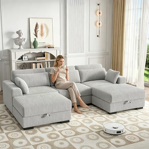 YNYHTER Sofa de 3 Plazas,Sofá Acolchado Sofas de Salon Cheslong Sofa Cama Chaise Longue Sofá Modular Suelo Sofá en Forma de U de Pana con Cojín Y otomano (Gris, 3 plazas+2 reposapiés)