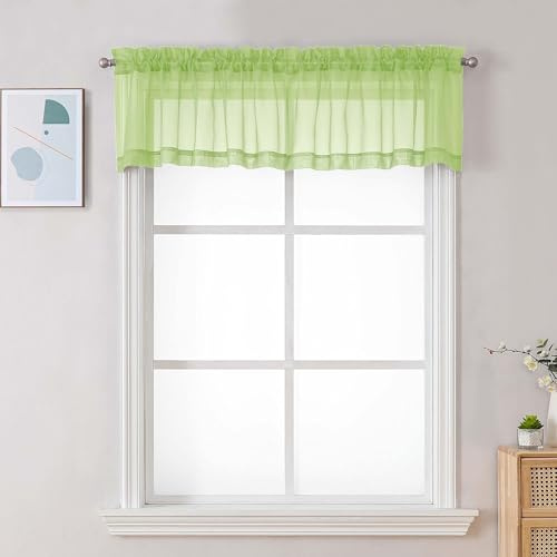 Chyhomenyc Sheer Valances for Windows, Light Filtering Small Window Curtains for Living Room Bathroom Cafe Laundry Basement, Modern Top Dual Rod Pocket Voile Curtain, 42Wx14L inches, Lime, 2 Pieces