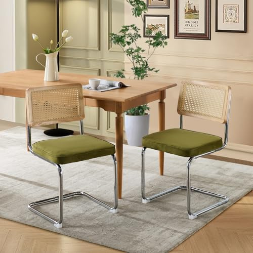 SoarFlash Mid-Century Moderne Esstühle, Handgewebte Rattanlehne, Cantilever-Struktur aus Verchromtem Stahl, Weiches Samtpolster, Set aus 2, Grün