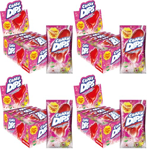 Chupa Chups Crazy Dips, Lollipop, Gusto Fragola, Confezione da 96 Bustine con Lecca Lecca, Lollipop con Polvere Effervescente e Scoppiettante