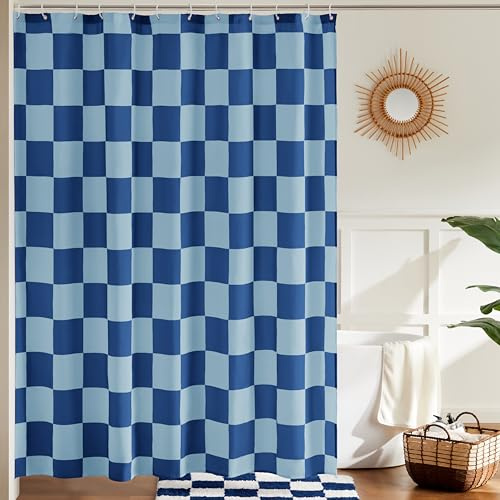 Ohocut Karierter Duschvorhang, Duschvorhänge für Badezimmer, niedlicher Retro-Schachbrett-Duschvorhang, Vintage-Ästhetik, waschbarer Stoff-Badvorhang (Doppelblau, 72''x72''(183x183cm))
