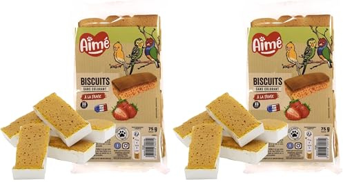 Aimé, Biscuits à la Fraise pour Oiseau, Génoise Gourmande 6 x 75 g, Friandise Naturelle pour Perruches et Canaris, Snack Croquant et Savoureux, Enrichi en Céréales pour Oiseaux Domestiques (Lot de 2)