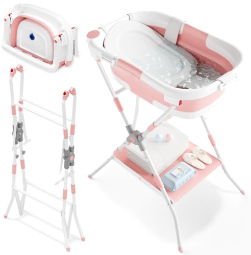 2 en 1 Baignoire Bebe sur Pied, Baignoire Pliable Bébé Avec Filet De Soutien Pour Les Nouveau-NéS Et Les Tout-Petits, Conception Multifonctionnelle Et Pliable Pour Le Rangement, Rose