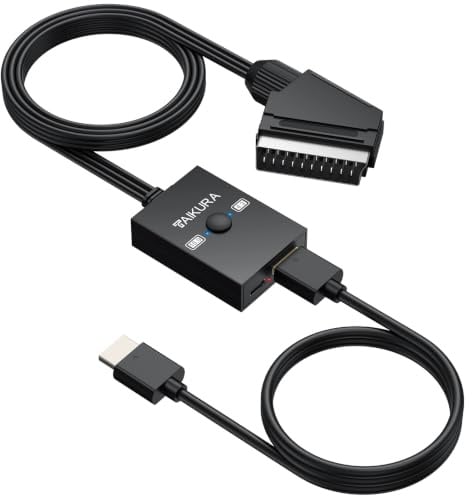 TAIKURA Convertitore SCART a HDMI 1080P Commutazione Aspect Ratio 4:3/16:9 Lunghezza 150 cm Adattatore SCART a HDMI Connettore Maschio Cavo Integrato Supporta PAL/NTSC per Lettori VCR/VHS/DVD