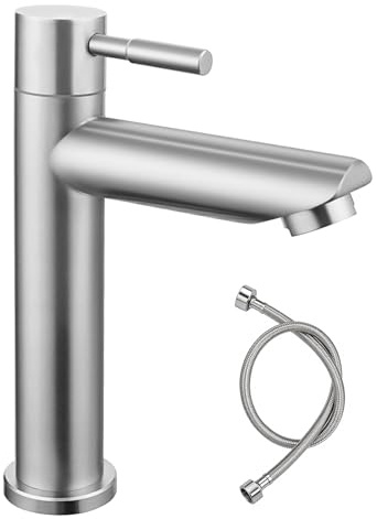 BONADE Kaltwasserhahn Gäste WC, Wasserhahn Kaltwasser für Wasserhahn Bad, Edelstahl Kaltwasserhahn mit 60 CM Schlauch, Waschbeckenarmatur mit Auslauf Höhe 110 mm für Badezimmer Gäste WC, Garten & Camp