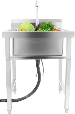 Fregadero independiente de acero inoxidable, 60 x 60 x 93 cm, fregadero comercial con faucet giratorio de 360°, fregadero de cocina fregadero individual para exterior, interior, cocina, restaurante